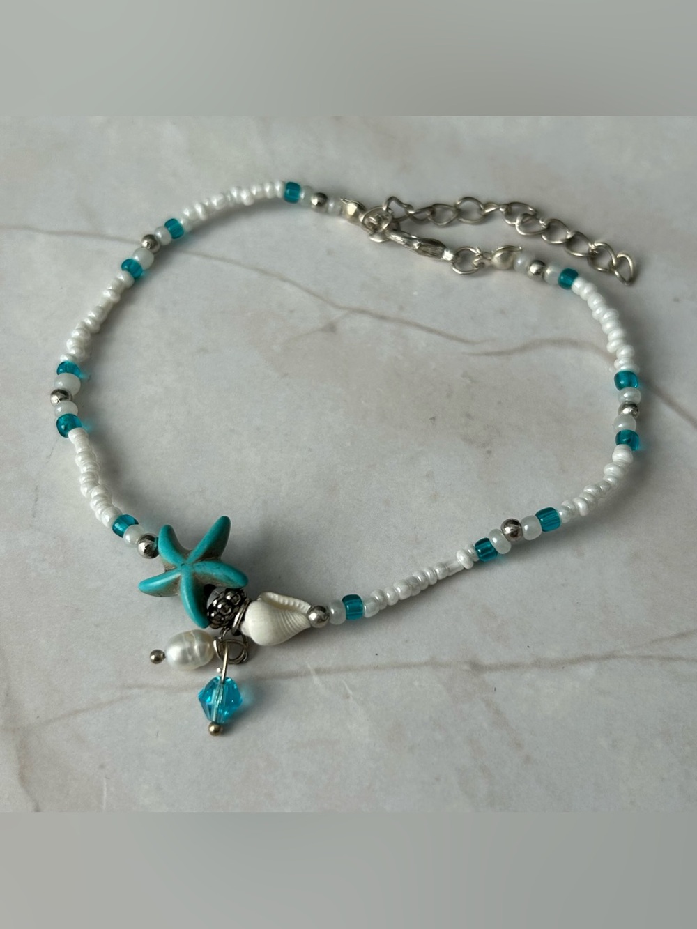 Turquoise & White Starfish Beaded Anklet with Shell Charm